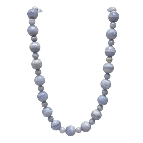 Vintage GSJ 14kt Gold Blue Lace Agate Beaded Necklace 24.5 in - Picture 1 of 9